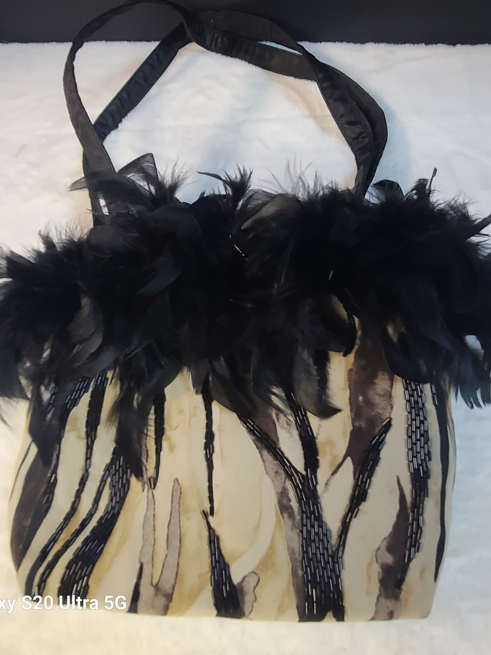 Feather-Trim Patterned Shoulder Bag in Black and Cream